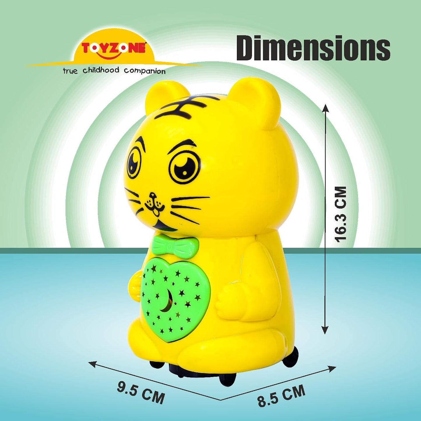 Toyzone yellow musical battery operated bump and go toy shaped like a bear with green heart on chest