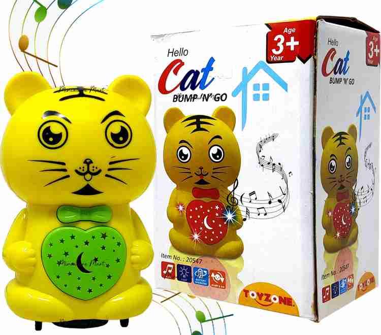 Toyzone battery operated bump and go toy shaped like a yellow cat with musical notes and packaging