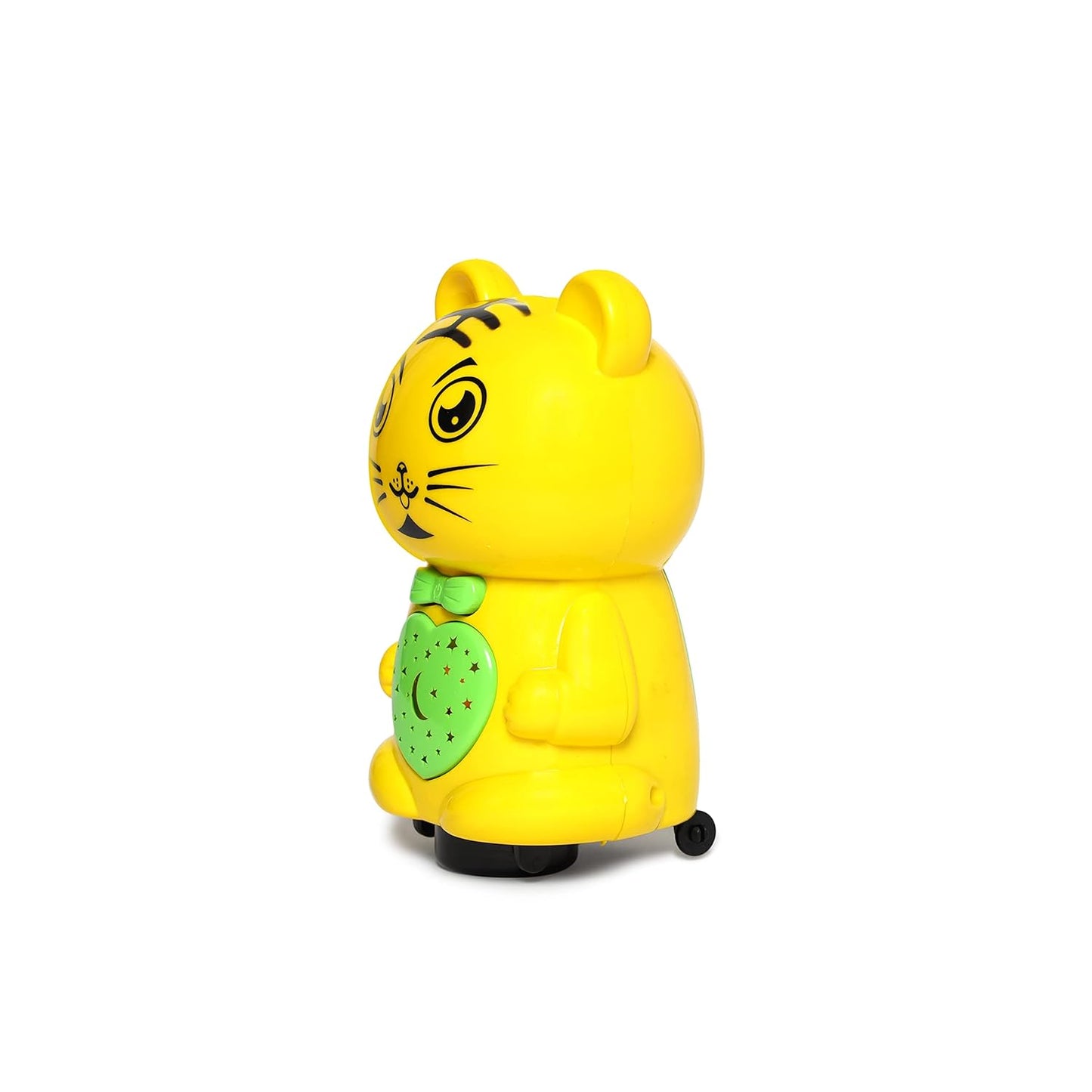 Toyzone yellow musical battery operated bump and go toy shaped like a cute tiger holding a green heart