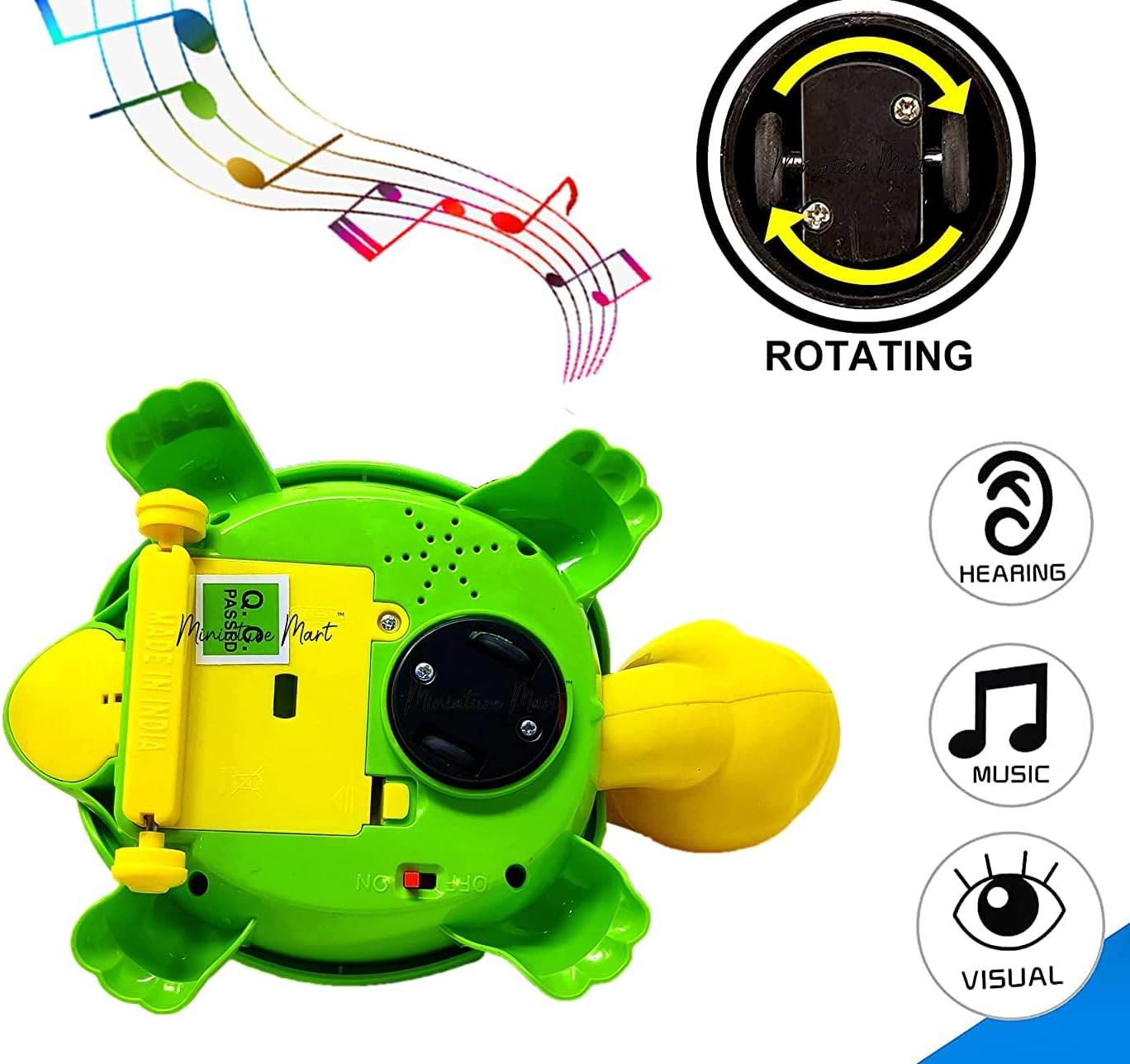 Toyzone bump n go turtle toy for kids with musical features and rotating wheels in green and yellow