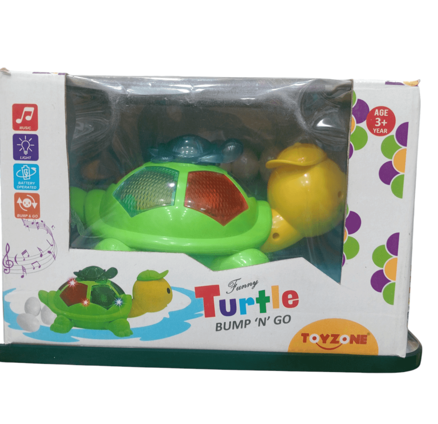 Toyzone musical bump n go turtle toy for kids with colorful lights and moving parts in packaging