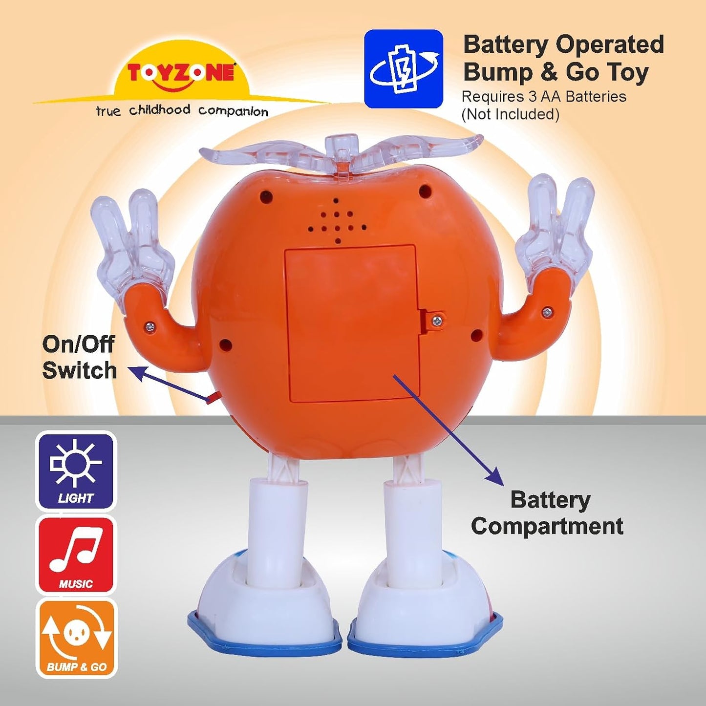 Toyzone dancing apple musical toy battery operated with on off switch and bump go feature