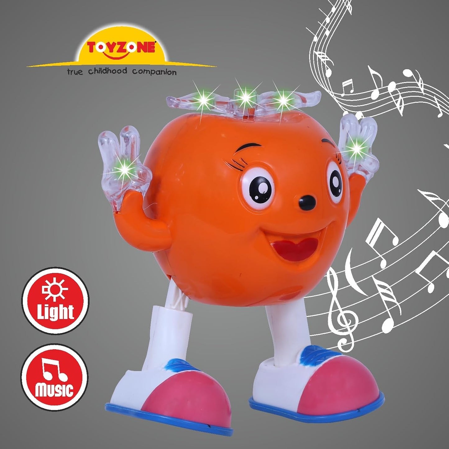 Toyzone dancing apple musical toy with light-up features and smiling face in bright orange color