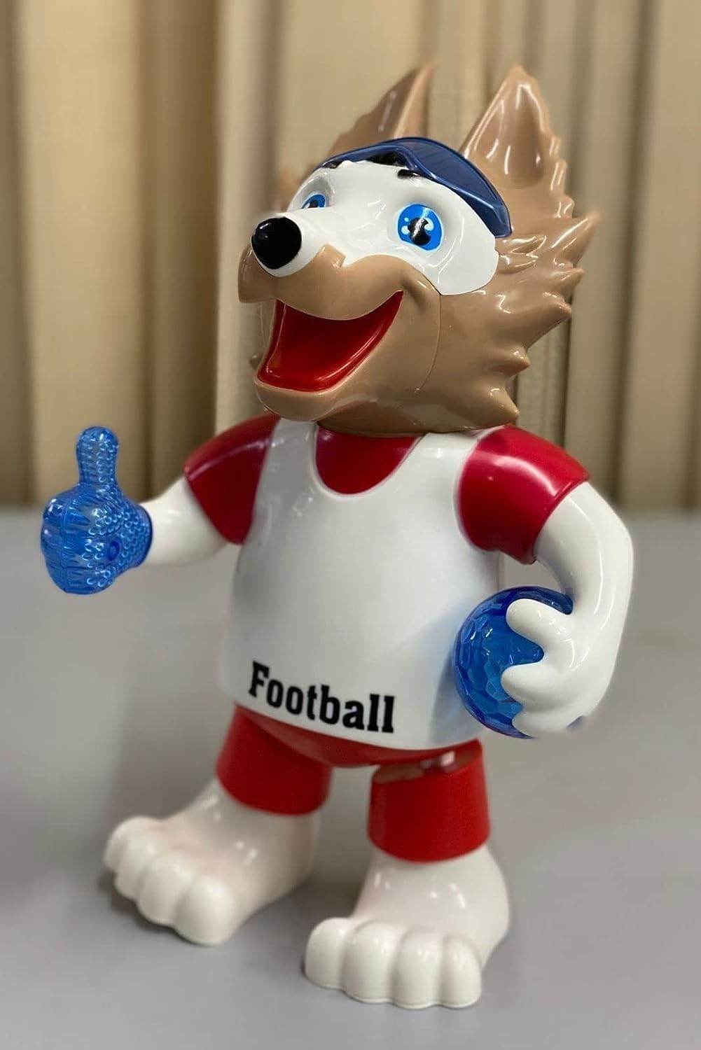 Toyzone musical dancing wolf toy for kids wearing football outfit with thumbs up and holding football