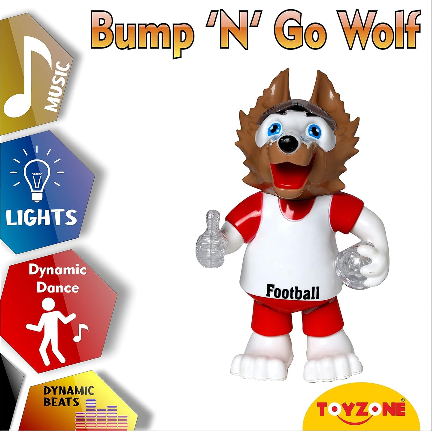 Toyzone dancing wolf toy for kids with music lights and dynamic dance features in football outfit