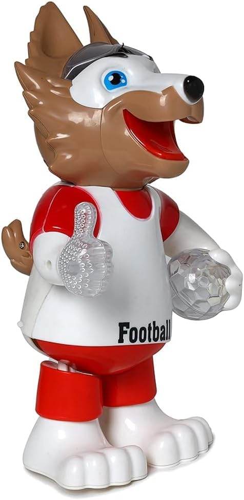 Toyzone musical dancing wolf toy for kids wearing a football jersey holding a soccer ball