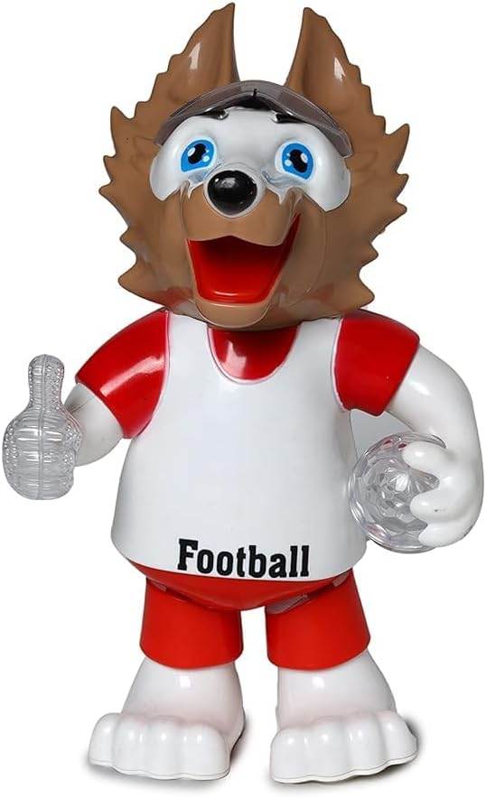 Toyzone dancing wolf toy for kids wearing a football outfit holding footballs
