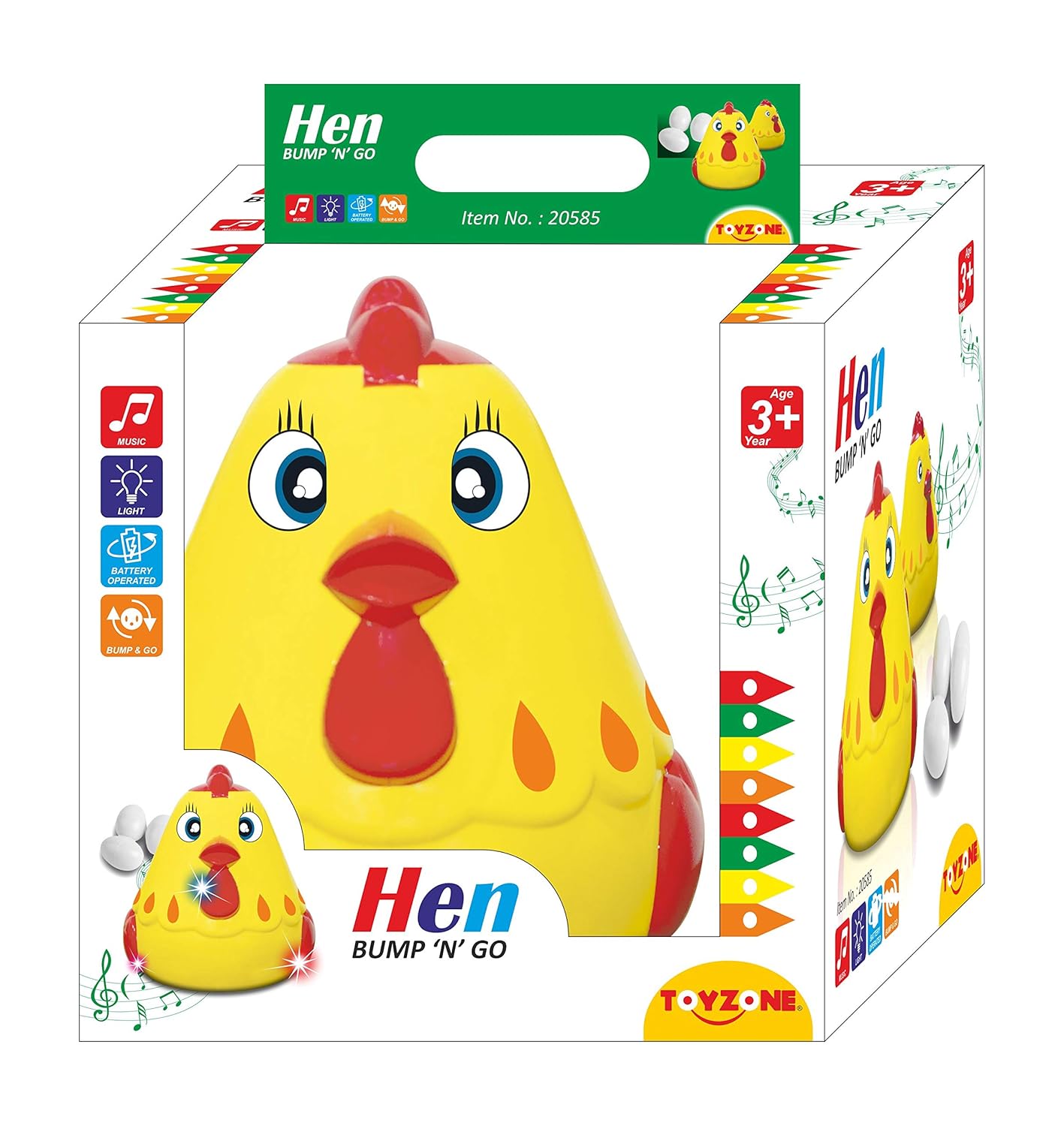 Toyzone hen bump and go toy musical yellow chicken with red beak and comb in packaging