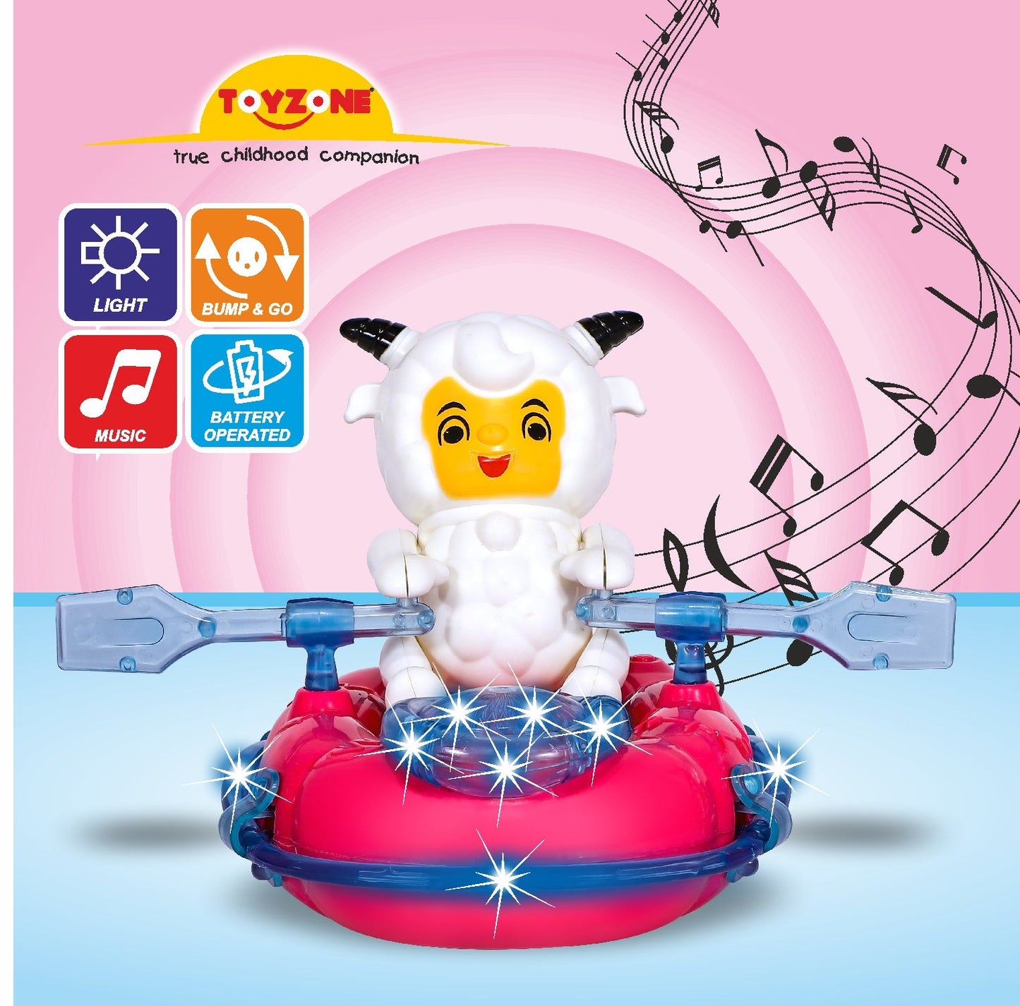 Toyzone musical baby toy with lights featuring a smiling sheep character on a colorful base with music and light effects