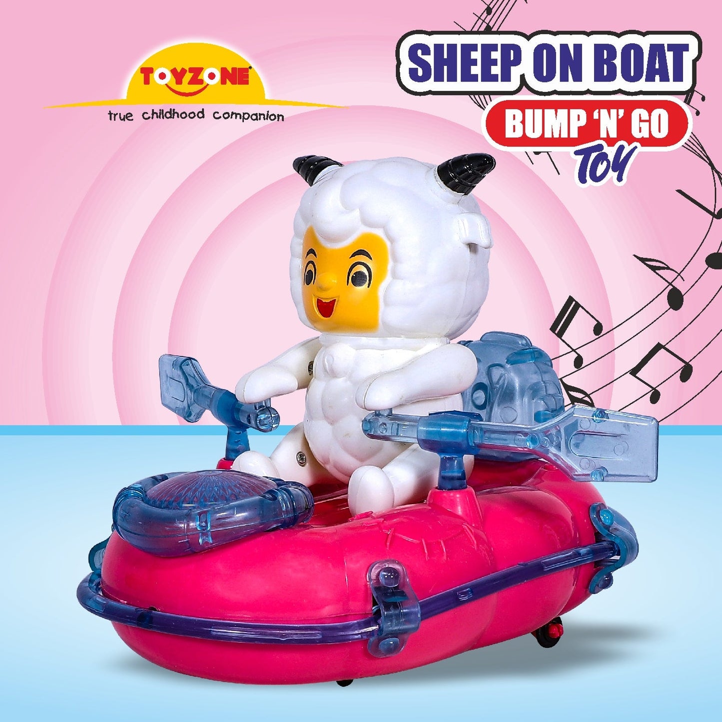 Toyzone musical baby toy with lights featuring a sheep on a red boat bump n go toy