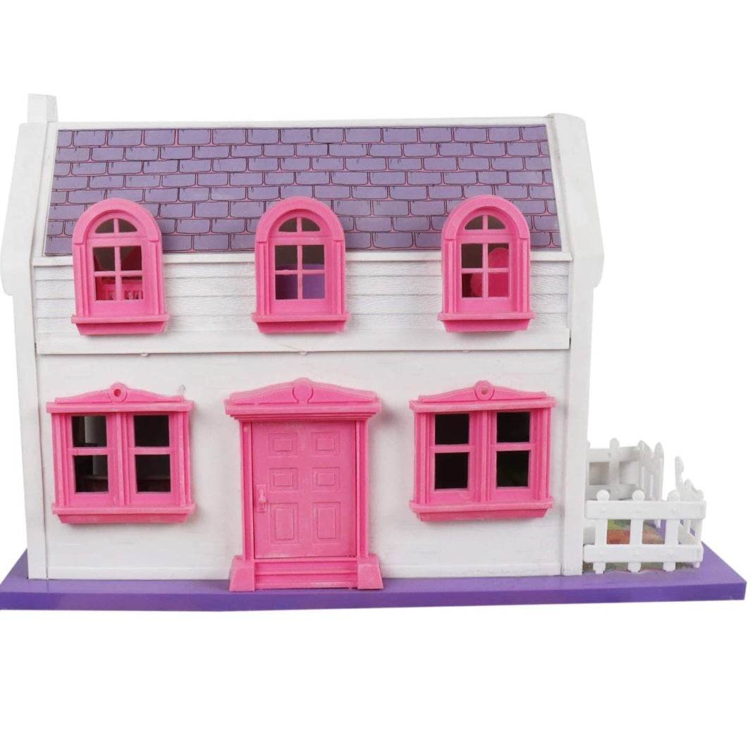 Toyzone My Little Doll House 34 pieces with pink windows and door on a white and purple dollhouse