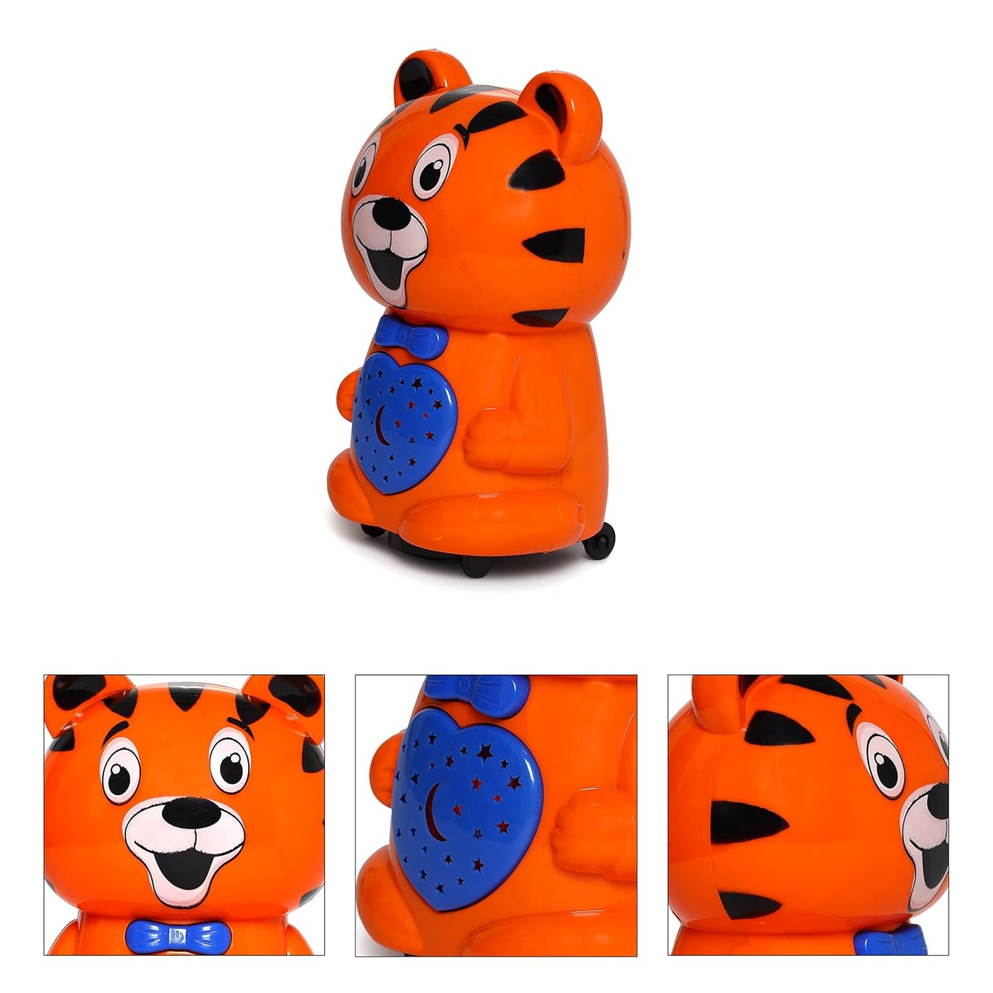 Toyzone musical tiger bump and go toy in bright orange with a blue heart and smiling face