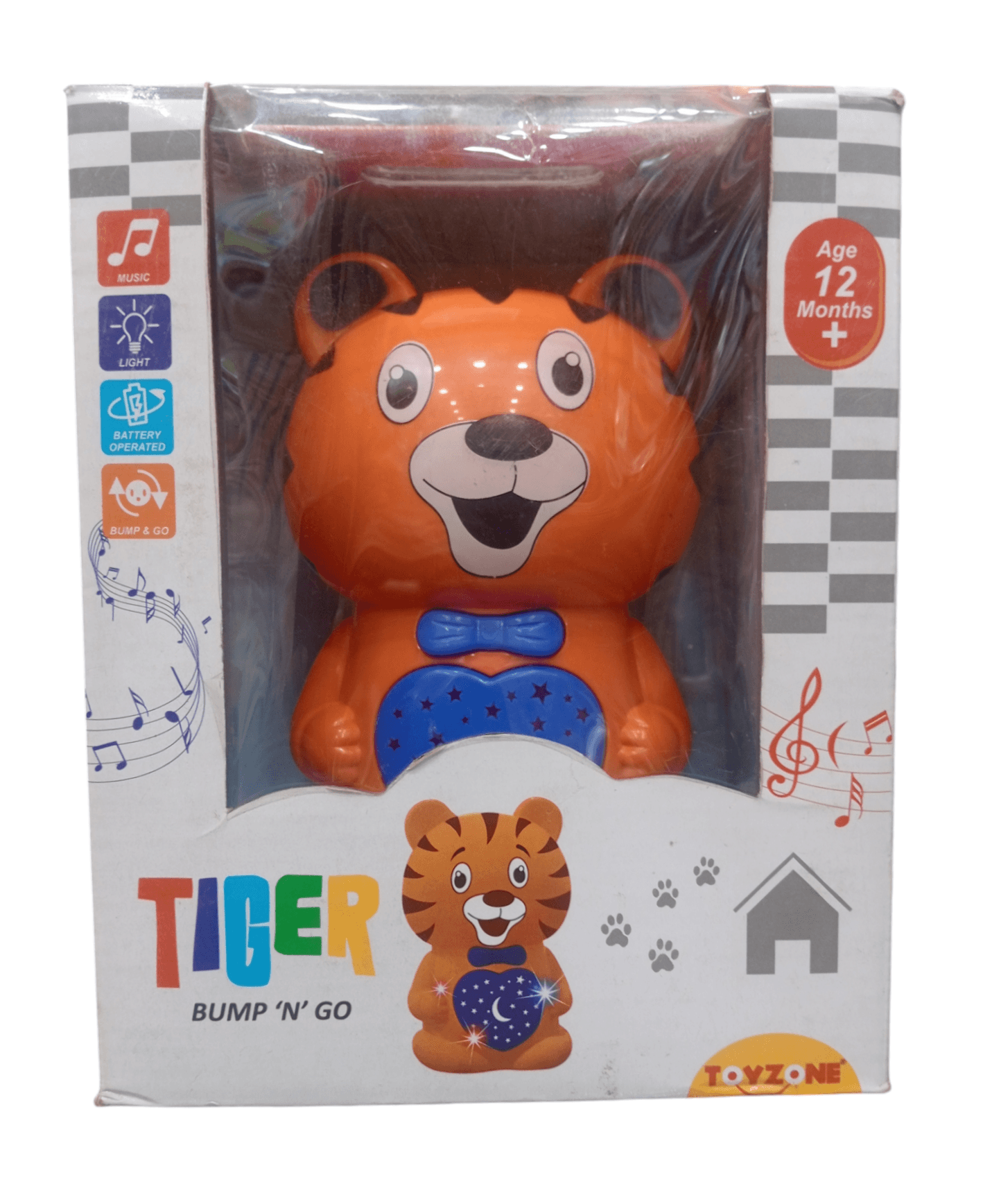 Toyzone musical tiger bump and go toy for kids aged 12 months and up with light and battery operated features