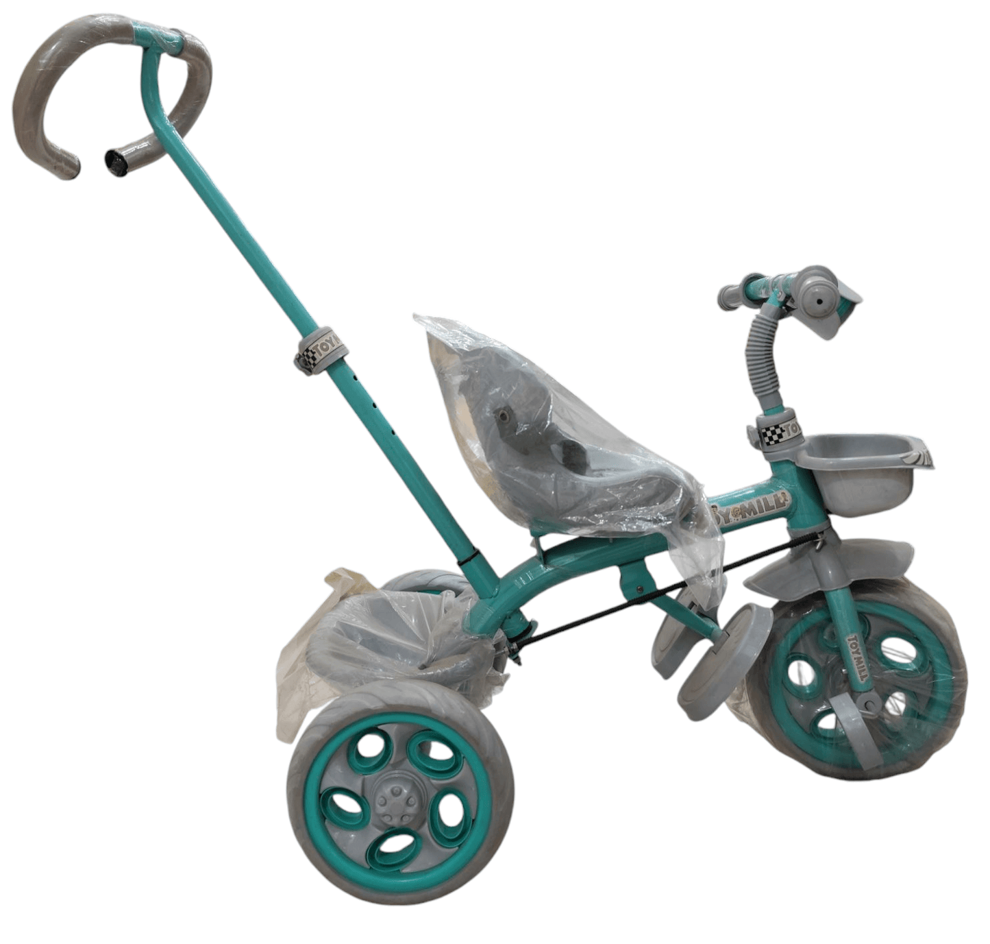 Teal tricycle for an adult with adjustable handle and large wheels for easy riding