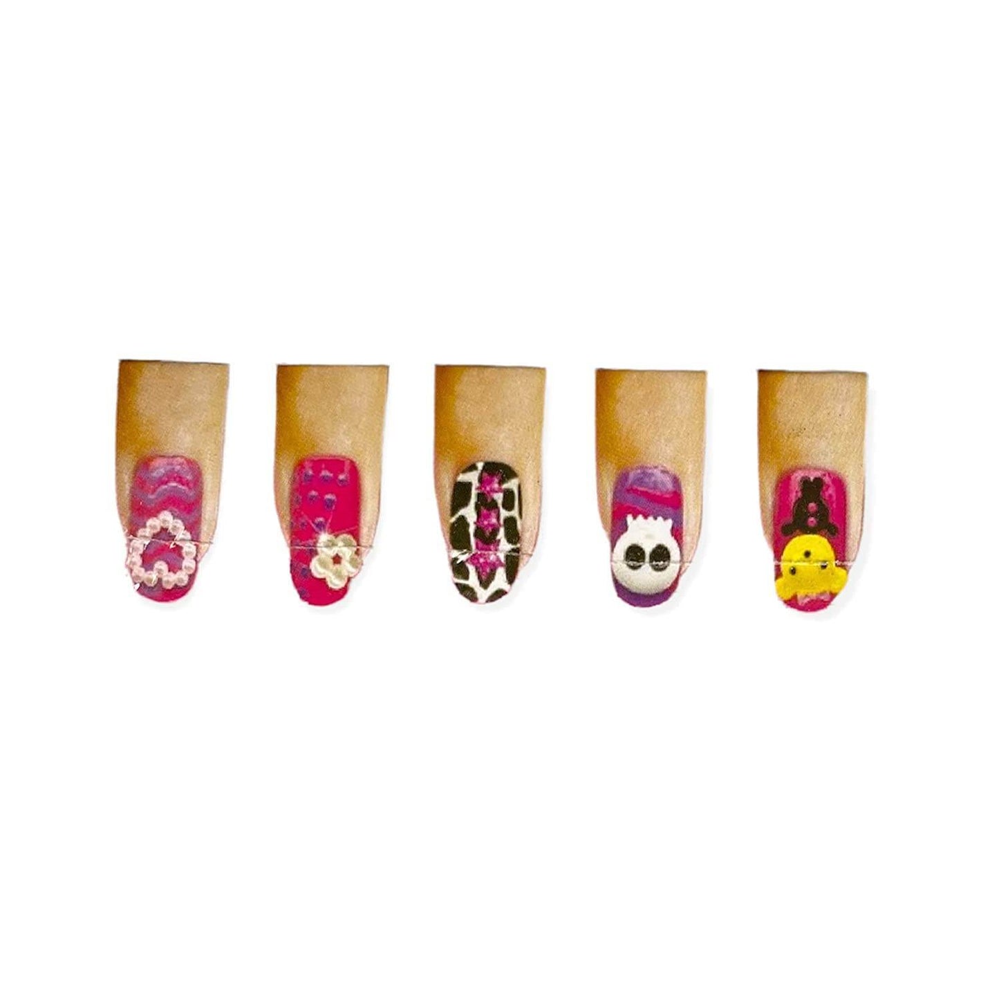 Colorful nail designs on fingers featuring cute and creative patterns from a nail art kit for girls
