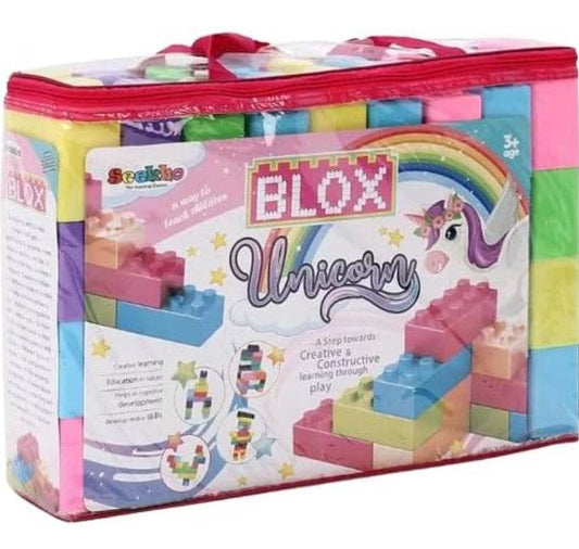 Unicorn building blocks set with colorful interlocking pieces in a clear zippered carrying case