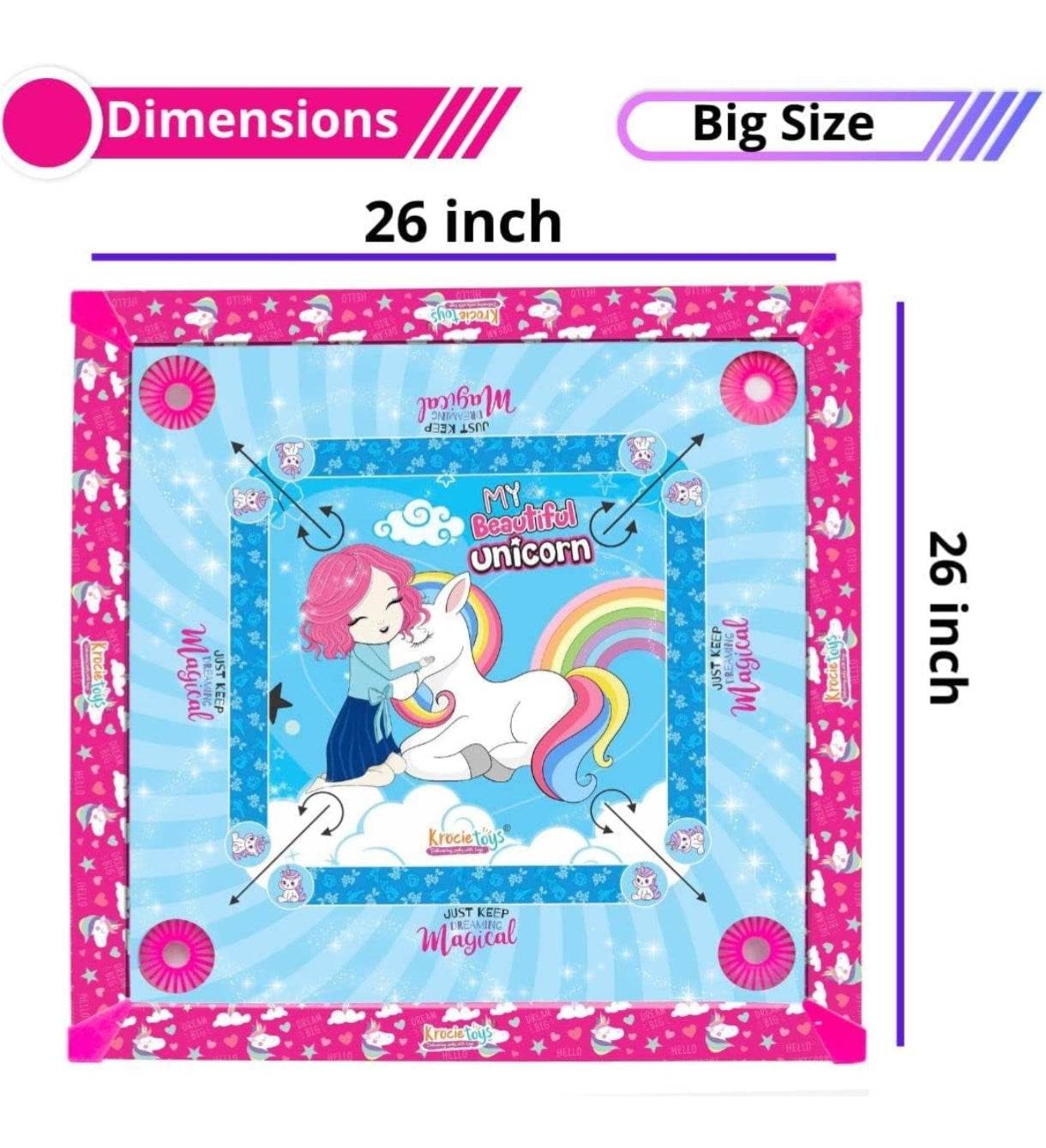IToys unicorn carrom board for kids with colorful unicorn and rainbow design measuring 26 inch square