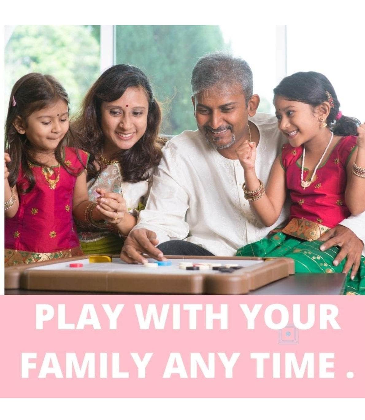 Family enjoying a unicorn carrom board for kids while playing together indoors