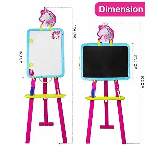 Unicorn easel writing board for kids with double-sided whiteboard and chalkboard on pink stand