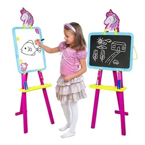 Unicorn easel writing board for kids with girl drawing on whiteboard and chalkboard sides