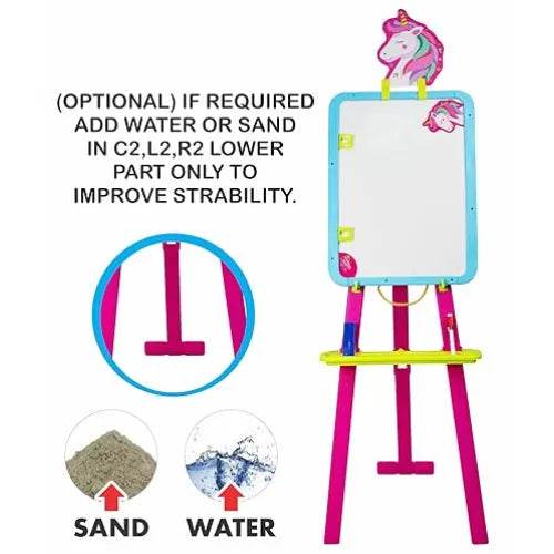 Unicorn easel writing board for kids with pink and blue frame featuring a whiteboard and stability option with sand or water