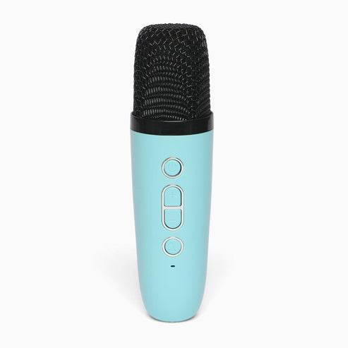 Blue unicorn karaoke speaker for kids handheld microphone with black mesh head and control buttons