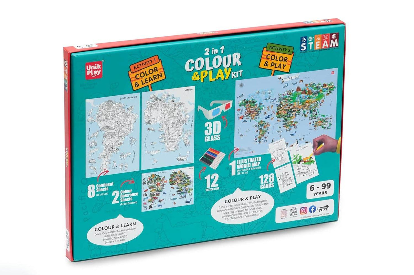 T-Rex the Toyland 2 in 1 color and play kit with illustrated world map and 3D glasses for ages 6 to 99