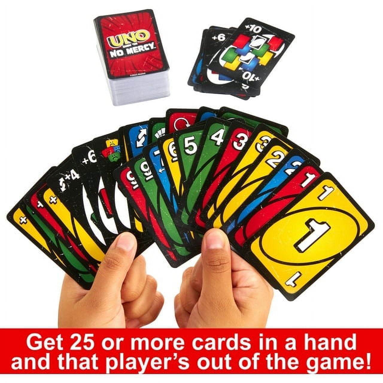 Hands holding colorful UNO No Mercy cards with deck and special cards displayed buy UNO No Mercy online India