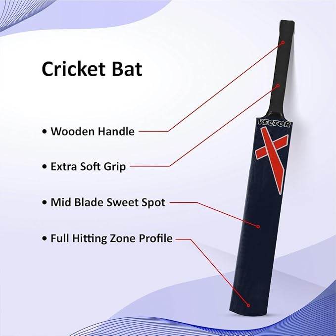 Vector X Wooden 1 Cricket bat + 3 Pcs. Wickets +1 Wicket base + 2 Bails +1 Tennis ball -with Carry Bag- Perfect for Outdoor Sports & Beach Play (Size: 6) for 12-15 Years Kids/Youth Cricket Kit - T-Rex the toyland Sitamarhi