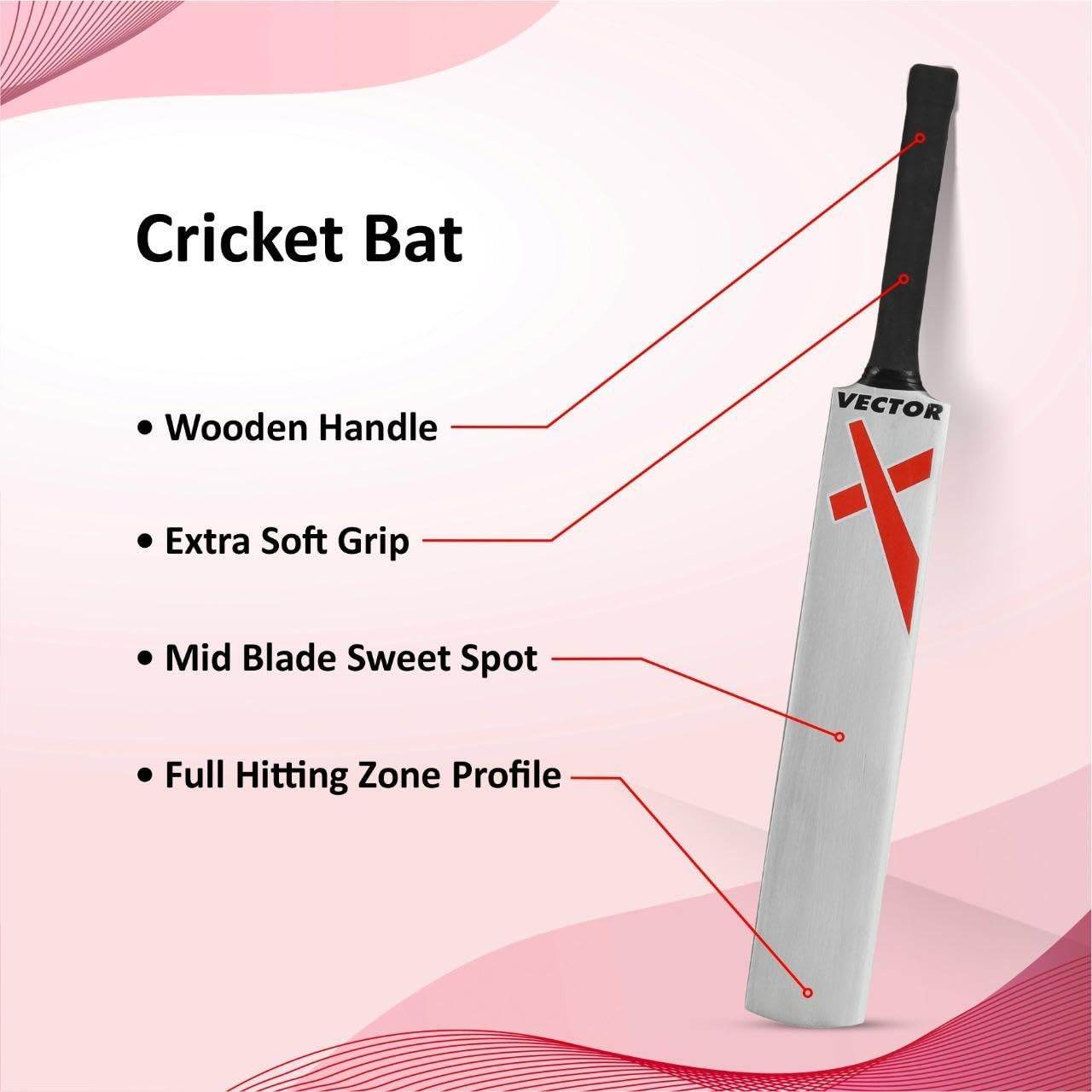Outdoor wooden cricket set for kids showing a cricket bat with wooden handle, soft grip, and mid blade sweet spot