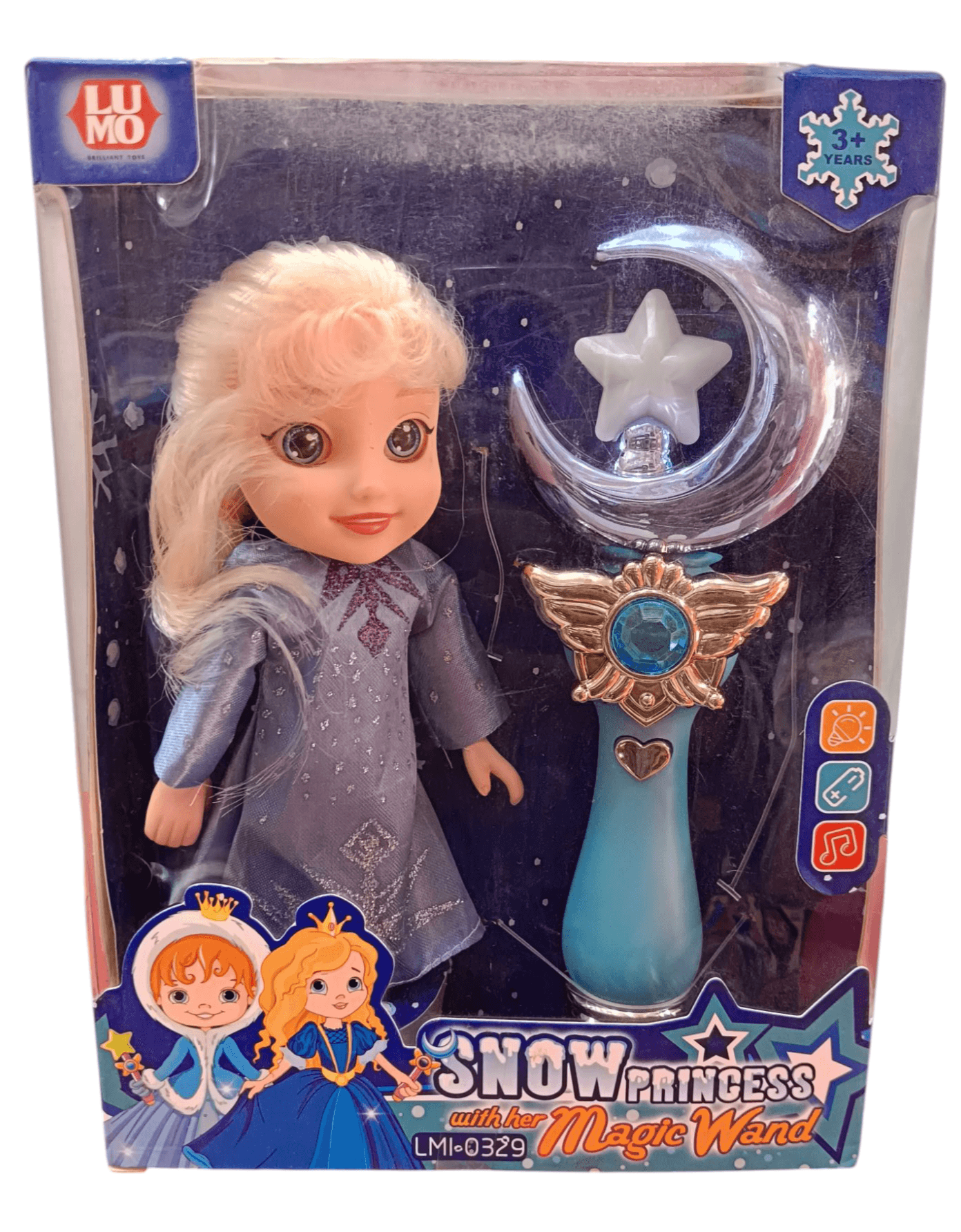 T-REX Snow princess doll with musical wand in blue dress and blonde hair packaged for ages 3 and up