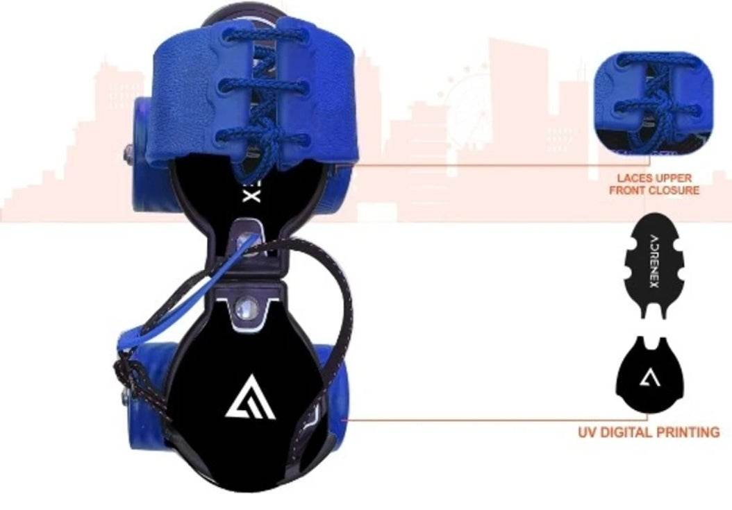 Blue adjustable roller skates for kids with lace upper front closure and UV digital printing
