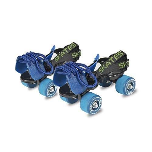 Blue adjustable roller skates for Seniors with black straps and sturdy blue wheels