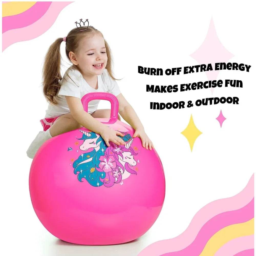 Girl playing on pink unicorn hopper ball for kids with handle for indoor and outdoor fun
