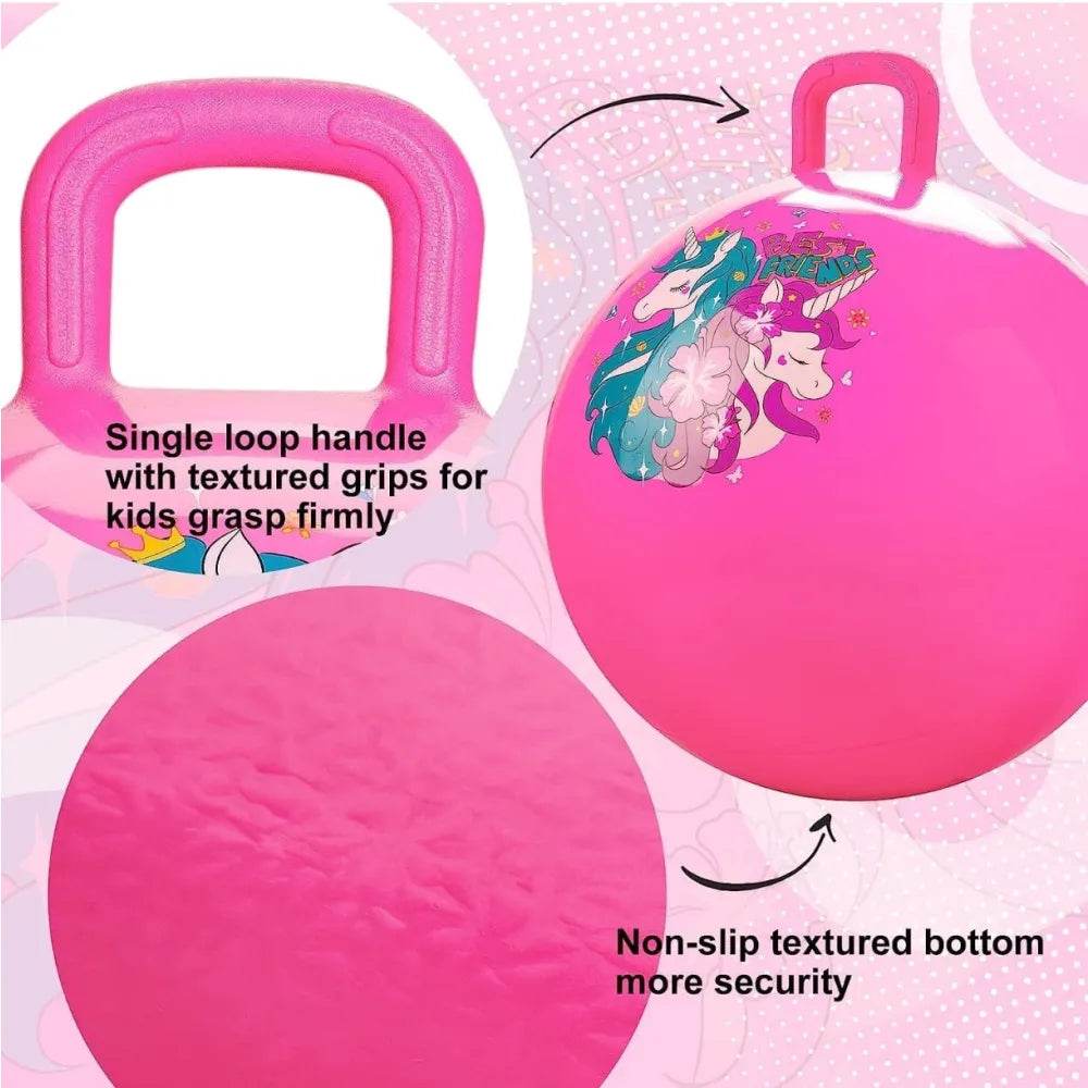 Pink unicorn hopper ball for kids with single loop handle and non-slip textured bottom