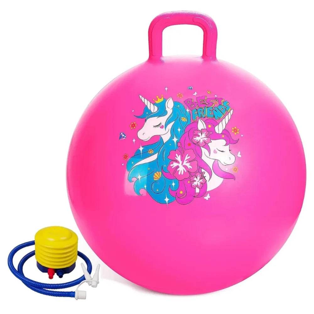 Pink unicorn hopper ball for kids with handle and colorful best friends unicorn design