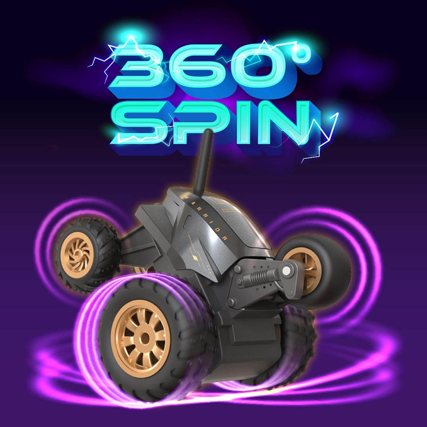 Mirana USB rechargeable stunt car performing 360 spin with glowing purple light trails