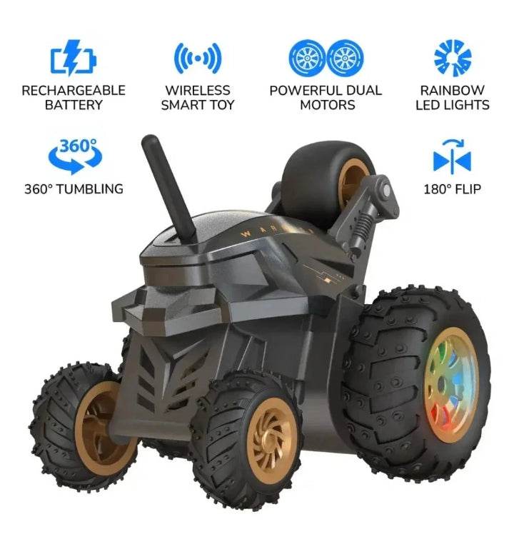Mirana USB rechargeable stunt car with rechargeable battery, wireless control, dual motors, rainbow LED lights, and 360 tumbling