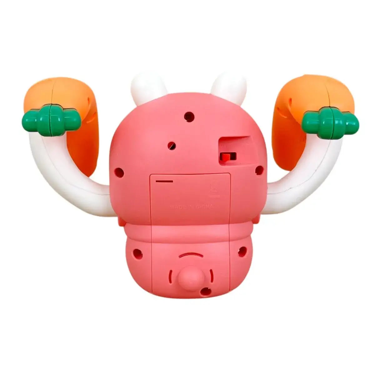 Toy figure with a pink body, orange and green limbs on a white background