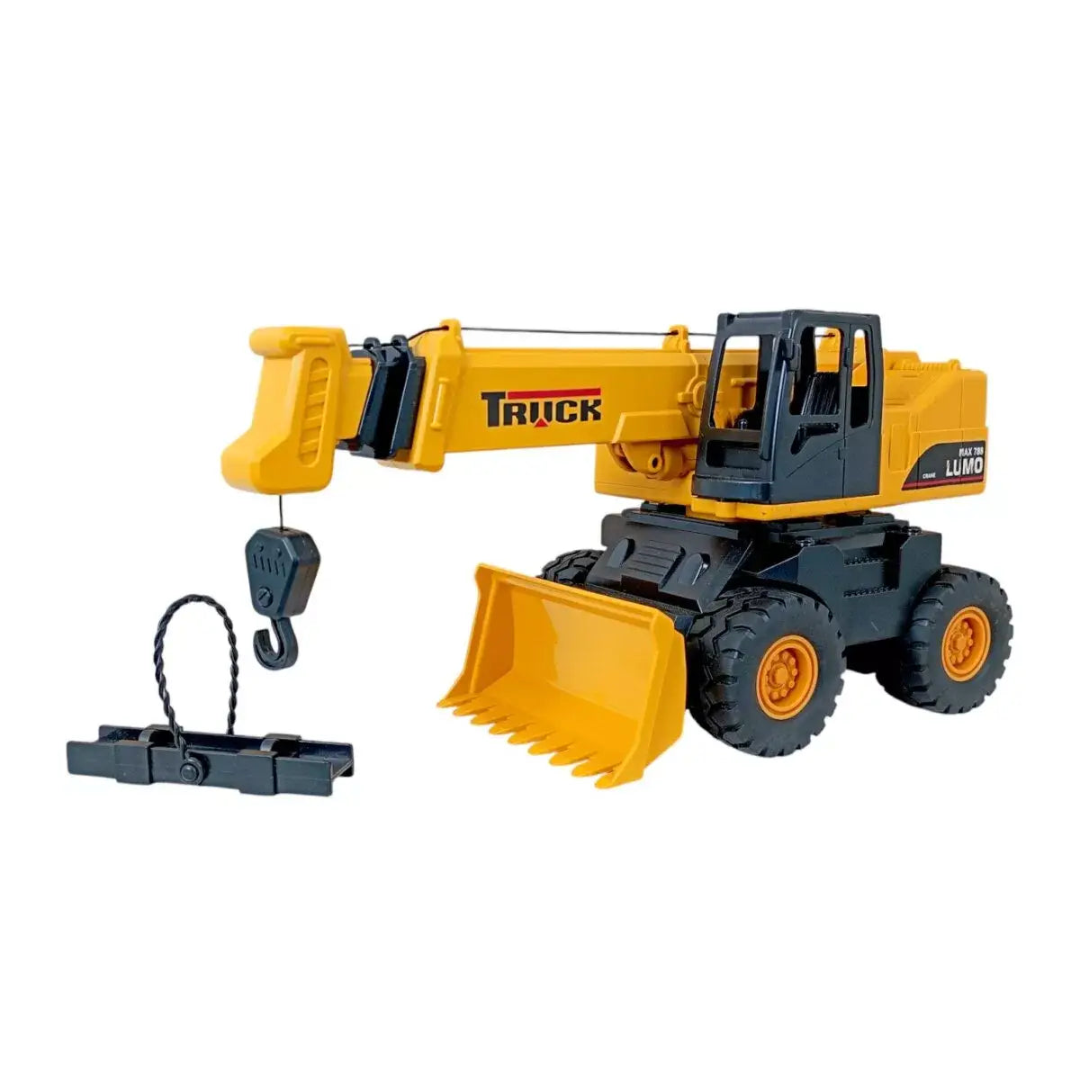 Toy excavator with a hook on a white background