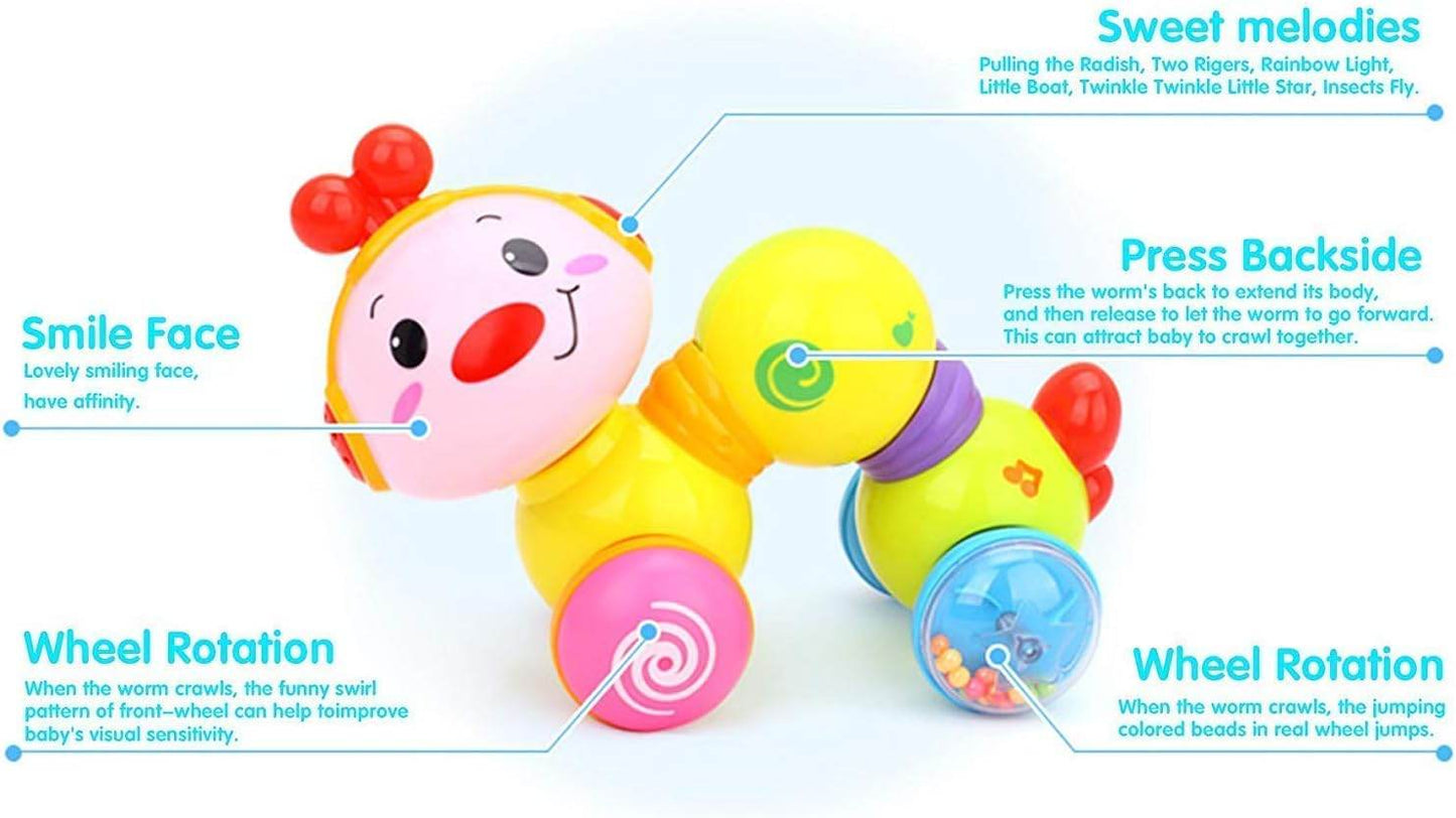 Colorful caterpillar sensory toy for toddlers with smile face and musical wheel rotation features