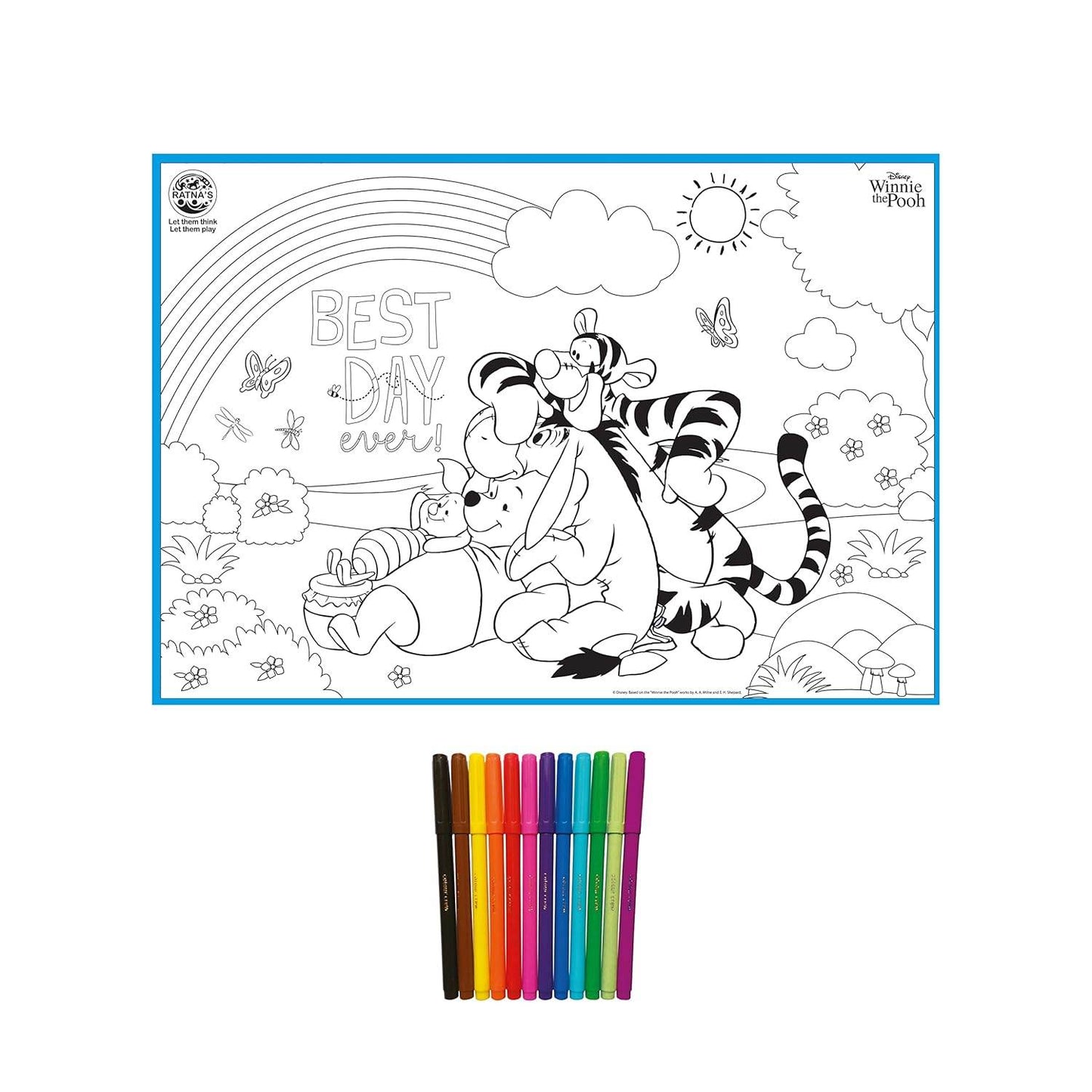 Winnie the Pooh coloring mat featuring Pooh and Tigger with colorful markers included