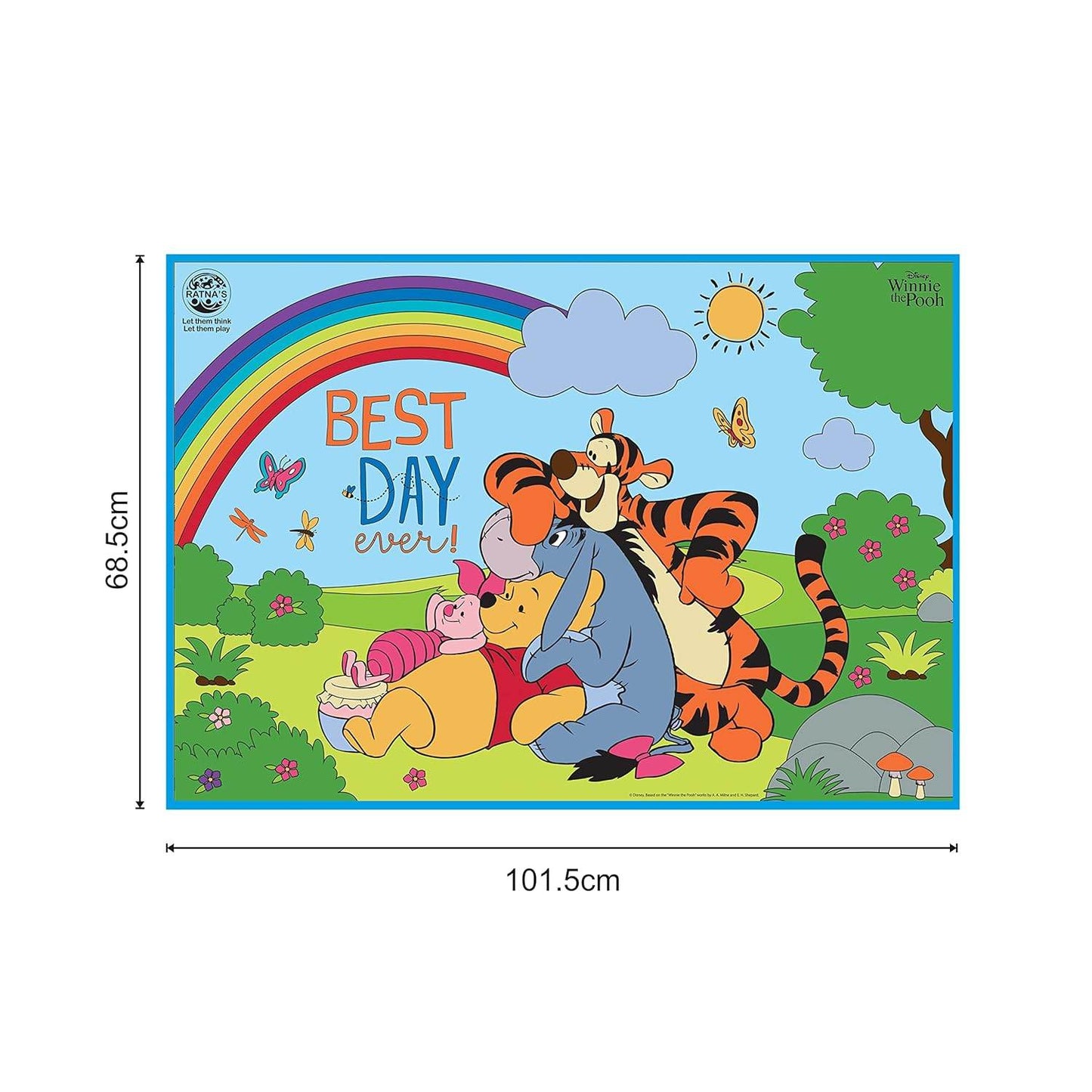 Winnie the Pooh coloring mat featuring Pooh, Tigger, Piglet, and Eeyore under a rainbow with Best Day Ever text