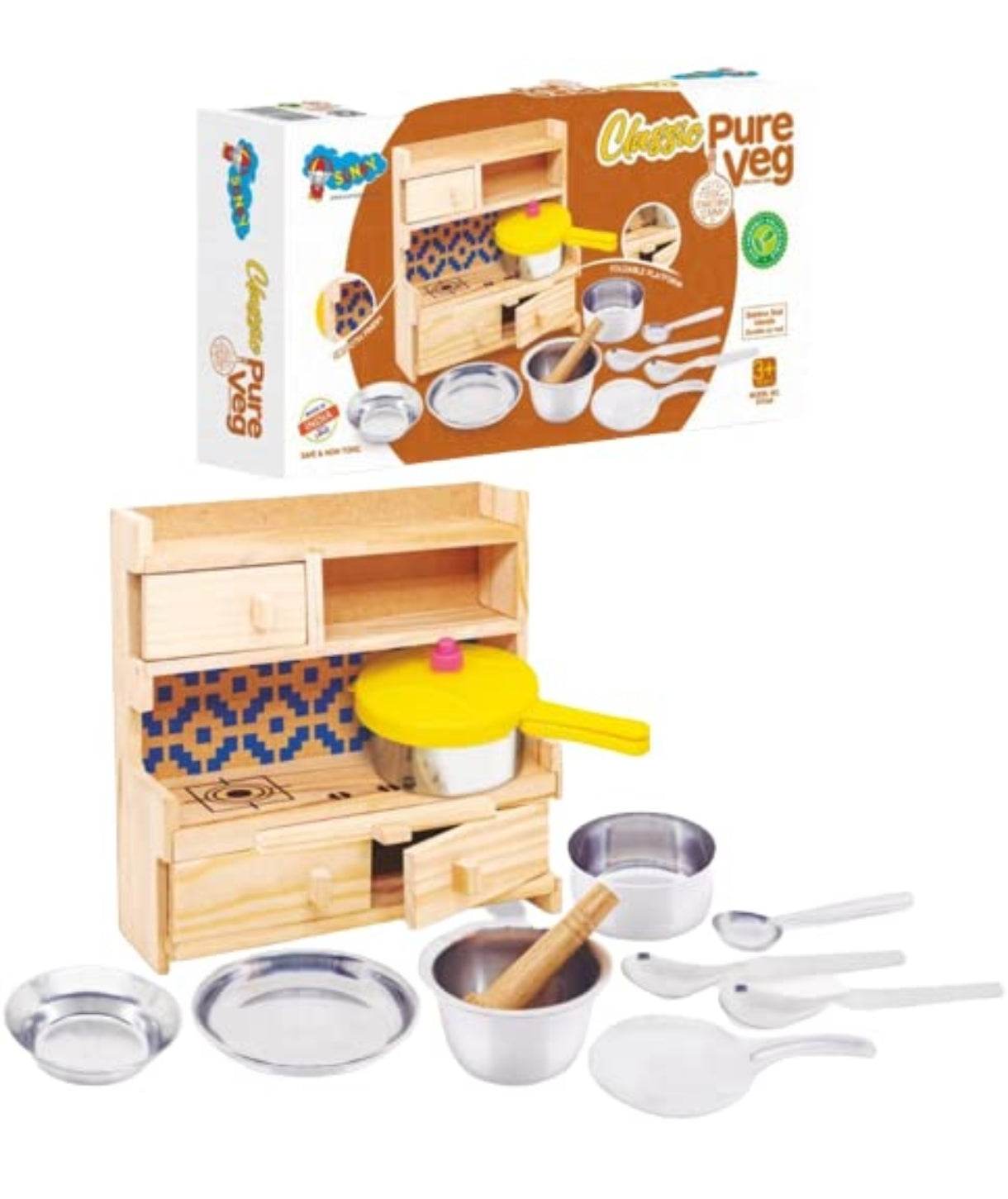 Wooden kitchen play set for kids with stove, utensils, and storage drawers by T-Rex the Toyland