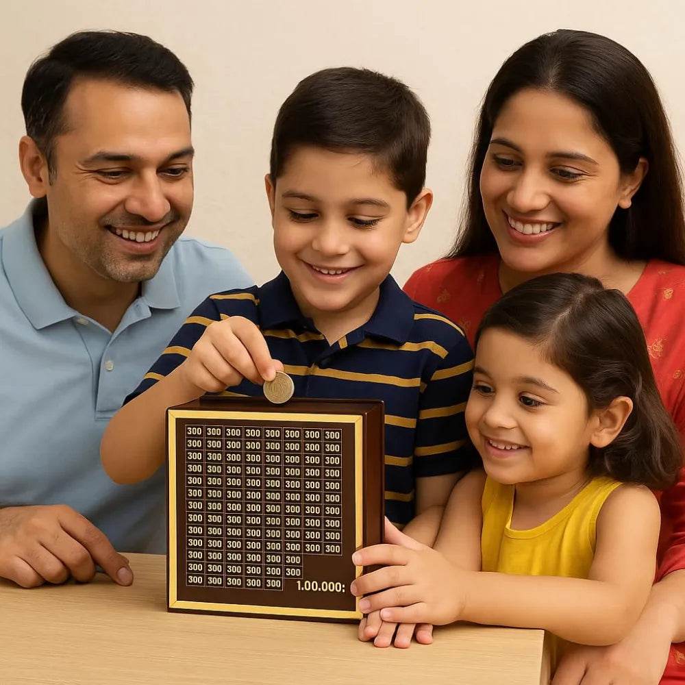 Family with children using wooden piggy bank for kids to save coins and teach money management