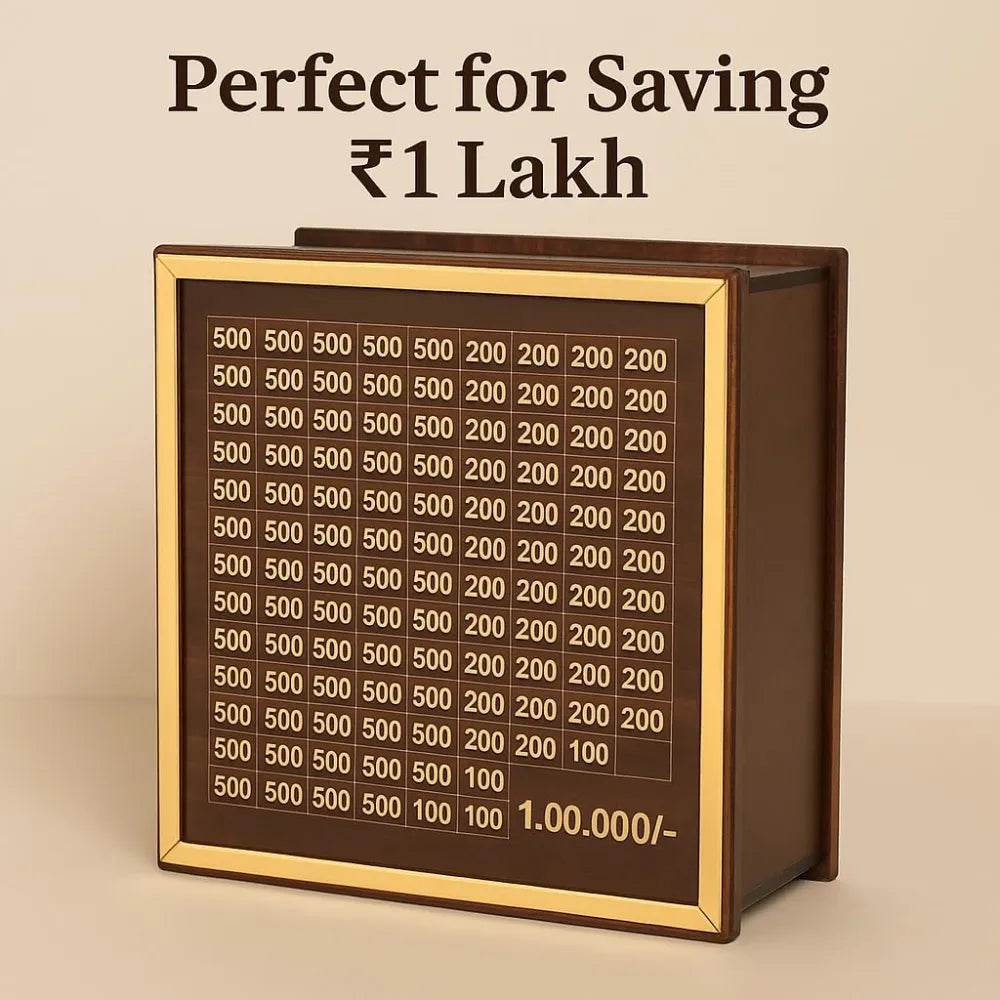 Wooden piggy bank for kids with marked savings targets up to one lakh rupees in brown and gold