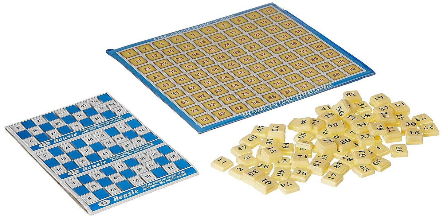 Housie game set deluxe with number tokens, blue and yellow game boards from T-Rex the toyland Sitamarhi