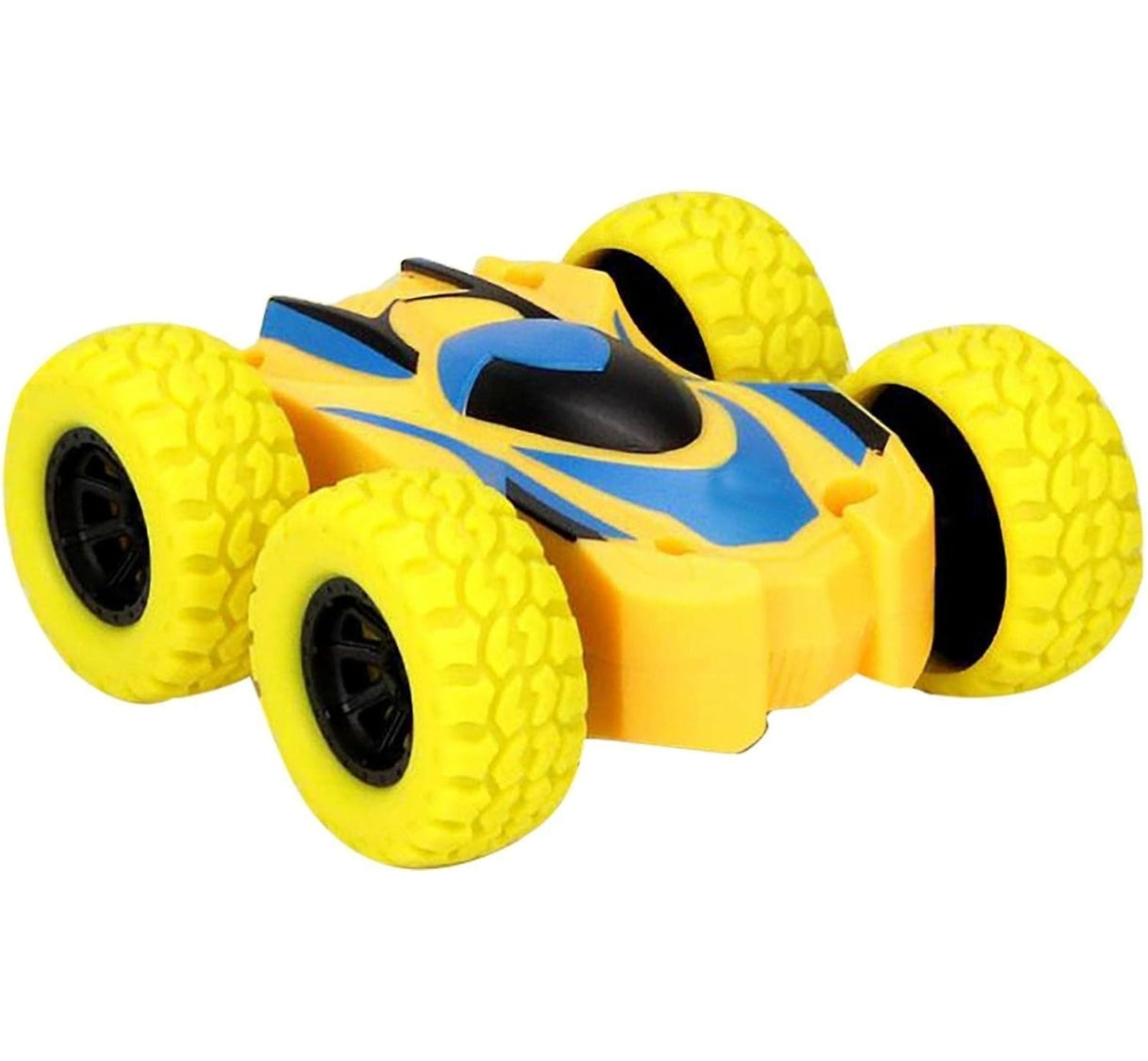 Yellow and blue 360 degree stunt car toy with large textured wheels for all-terrain play