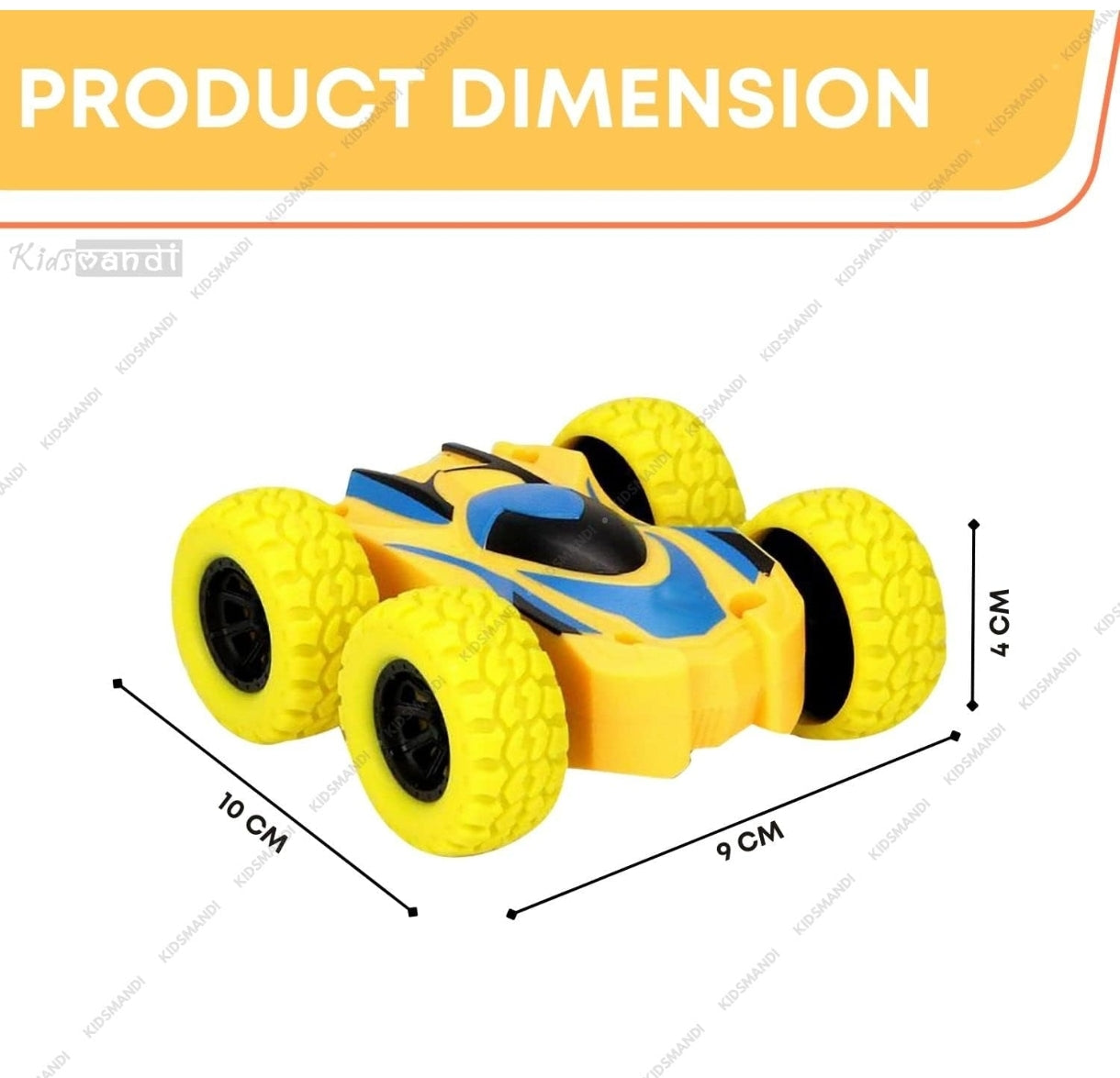 Yellow and blue 360 degree stunt car toy with large textured wheels showing product dimensions
