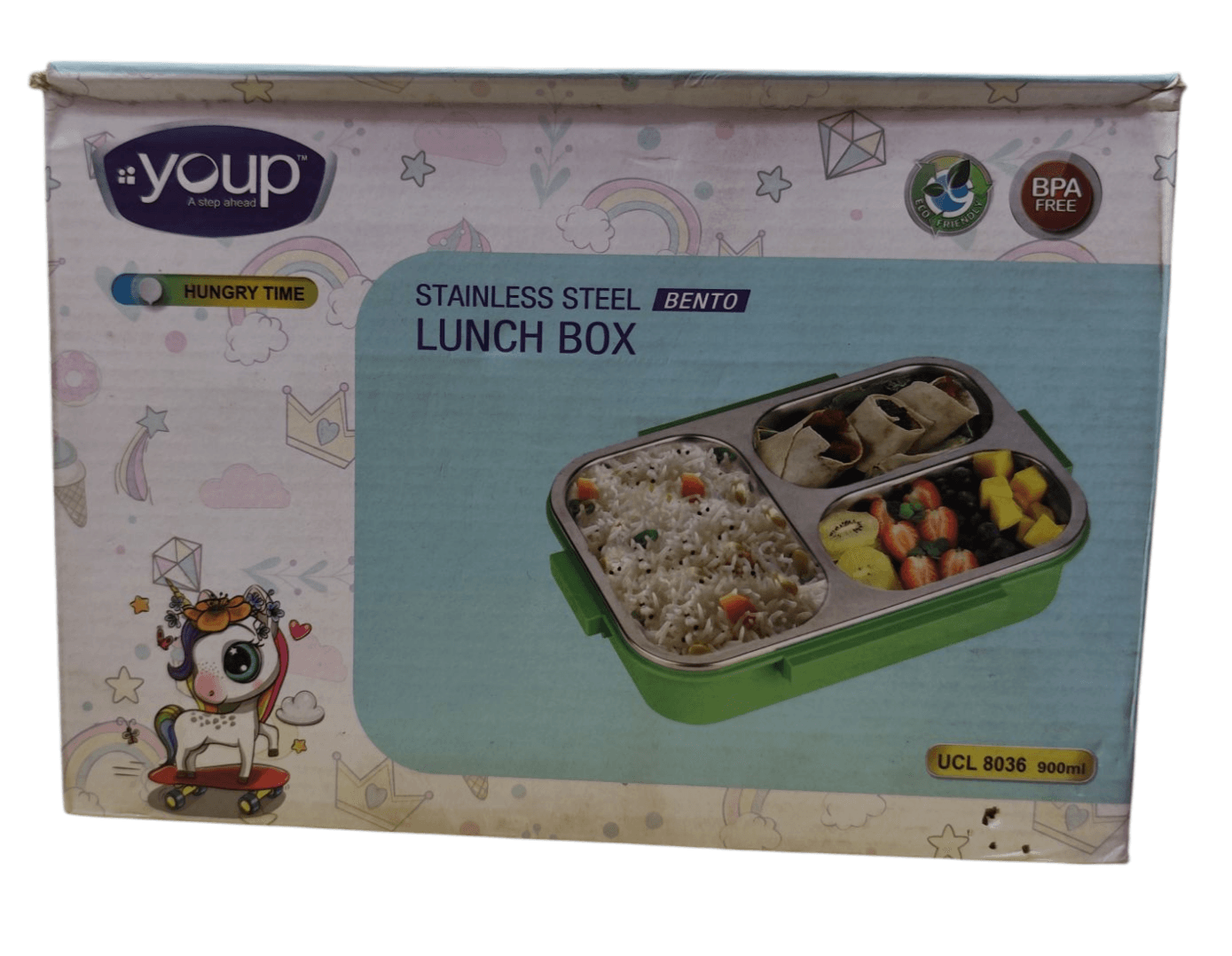 Stainless steel 3 compartment lunch box with green base for organized meal storage